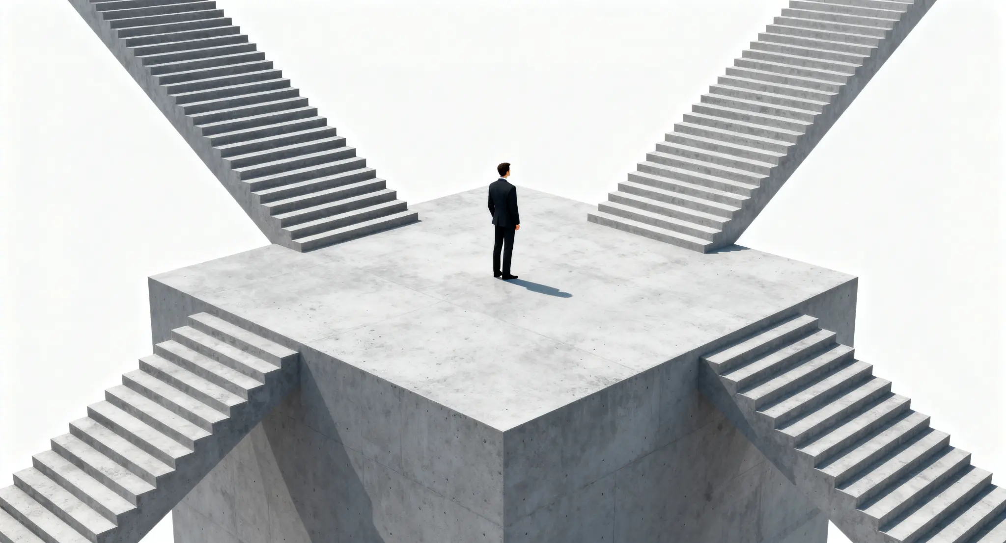 A person faces several stairways and must choose a direction